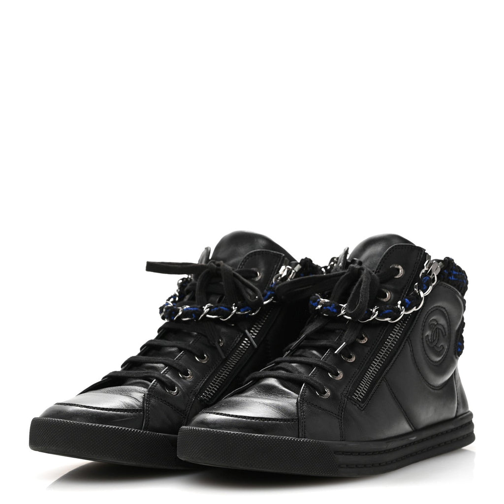 Lambskin Tweed Zipped Sneakers 39 Black Blue