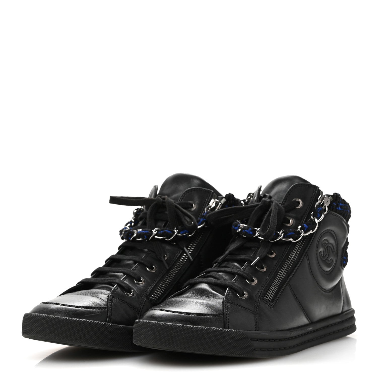 Lambskin Tweed Zipped Sneakers 39 Black Blue