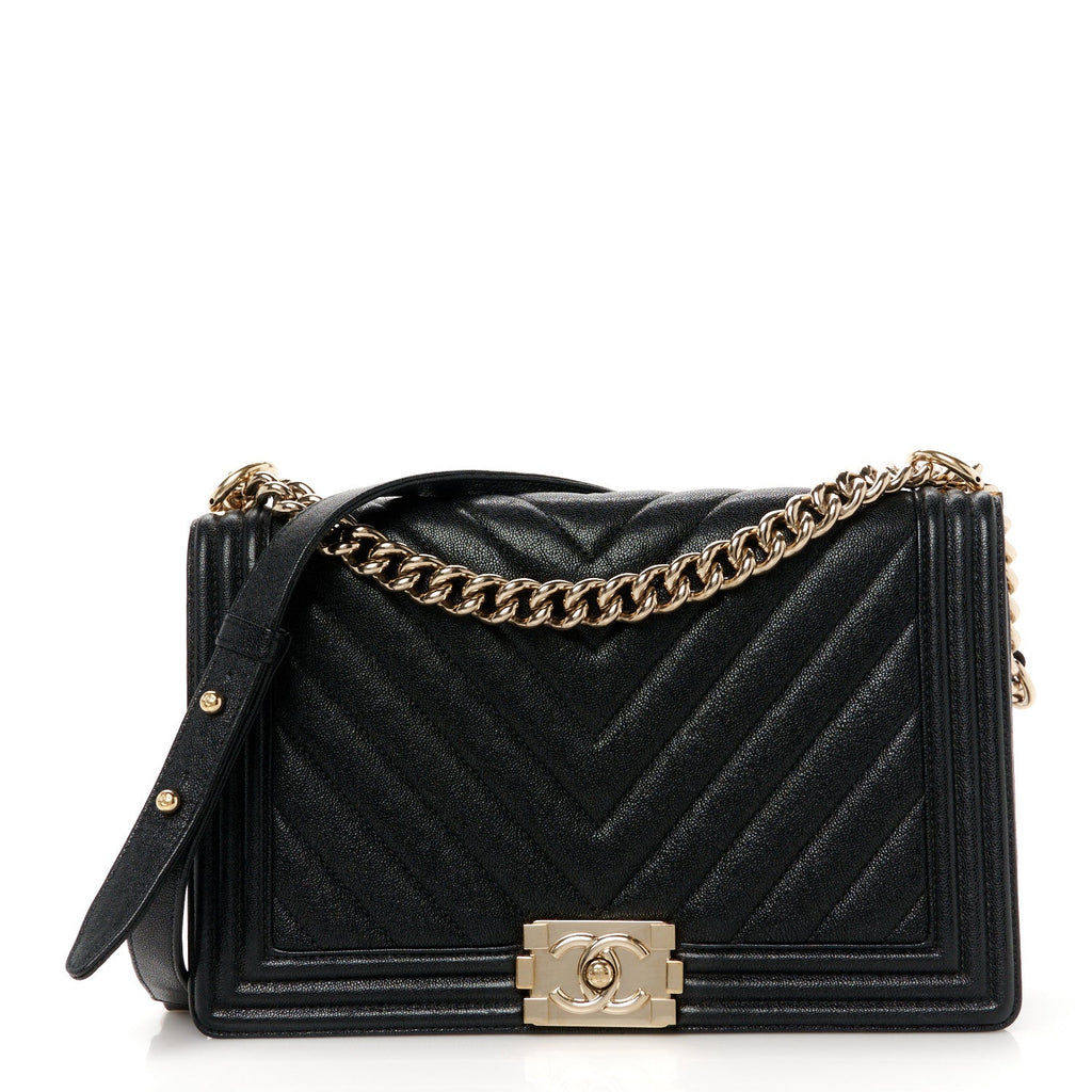 Iridescent Caviar Chevron Quilted New Medium Boy Flap Black