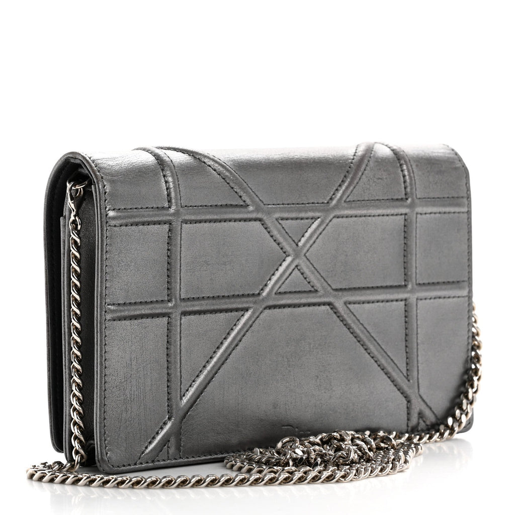 Metallic Grained Calfskin Diorama Wallet on Chain Pouch Gunmetal Grey