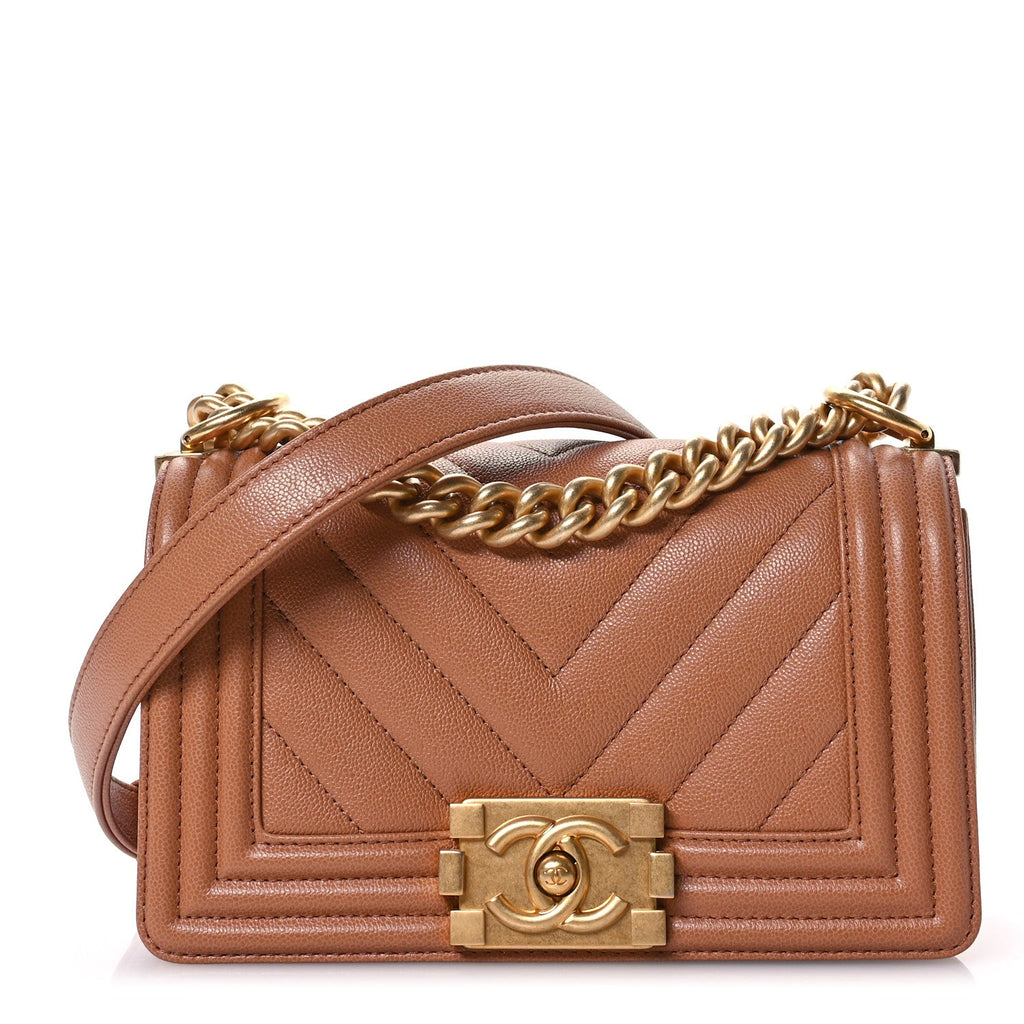 Caviar Chevron Quilted Small Boy Flap Brown