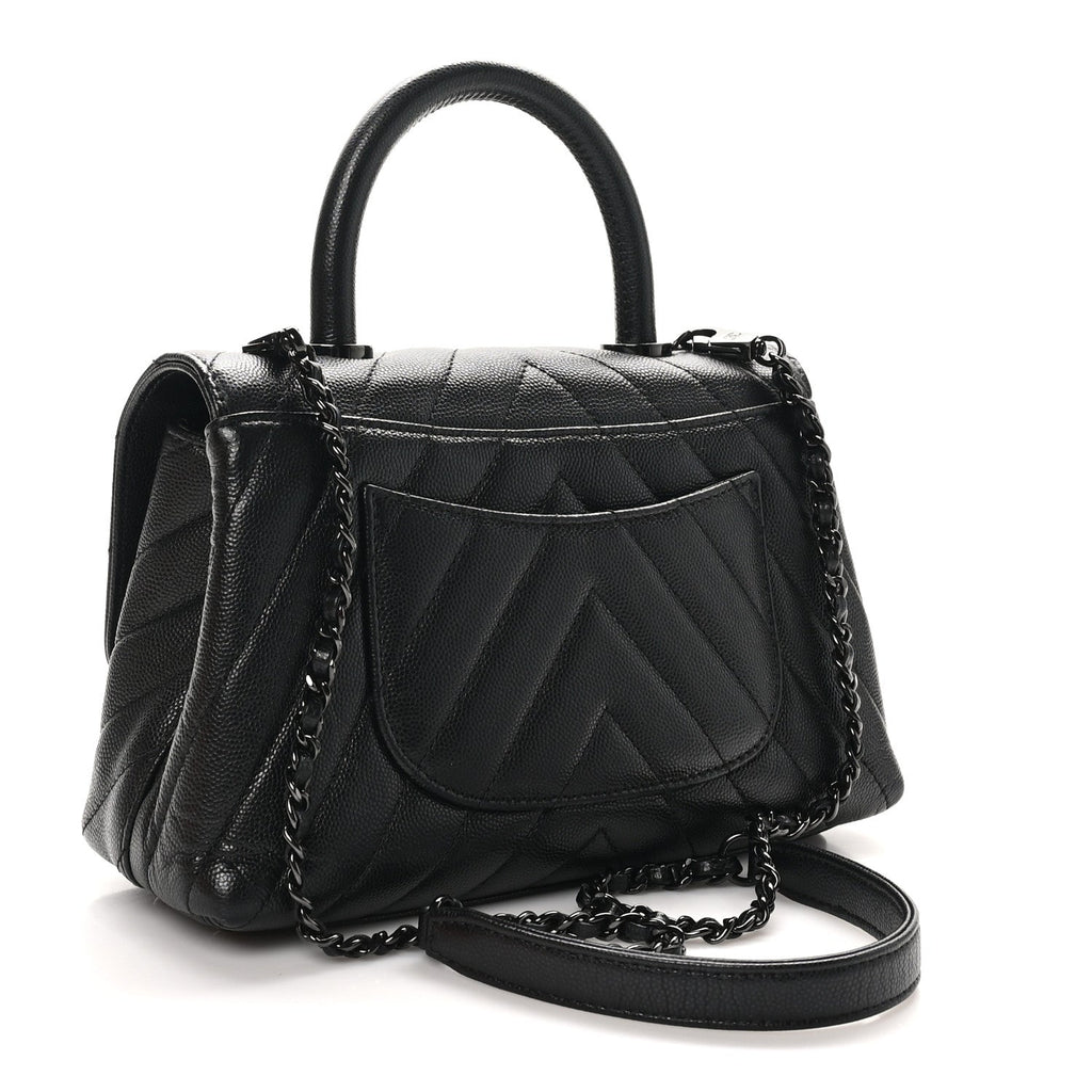 Caviar Chevron Quilted Mini Coco Handle Flap So Black