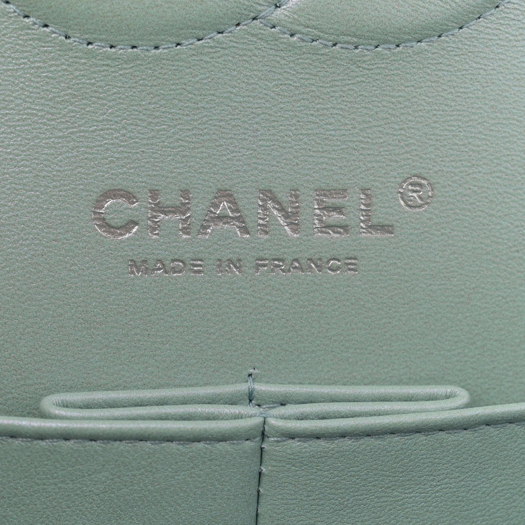 Iridescent Calfskin Quilted Medium Double Flap Light Blue