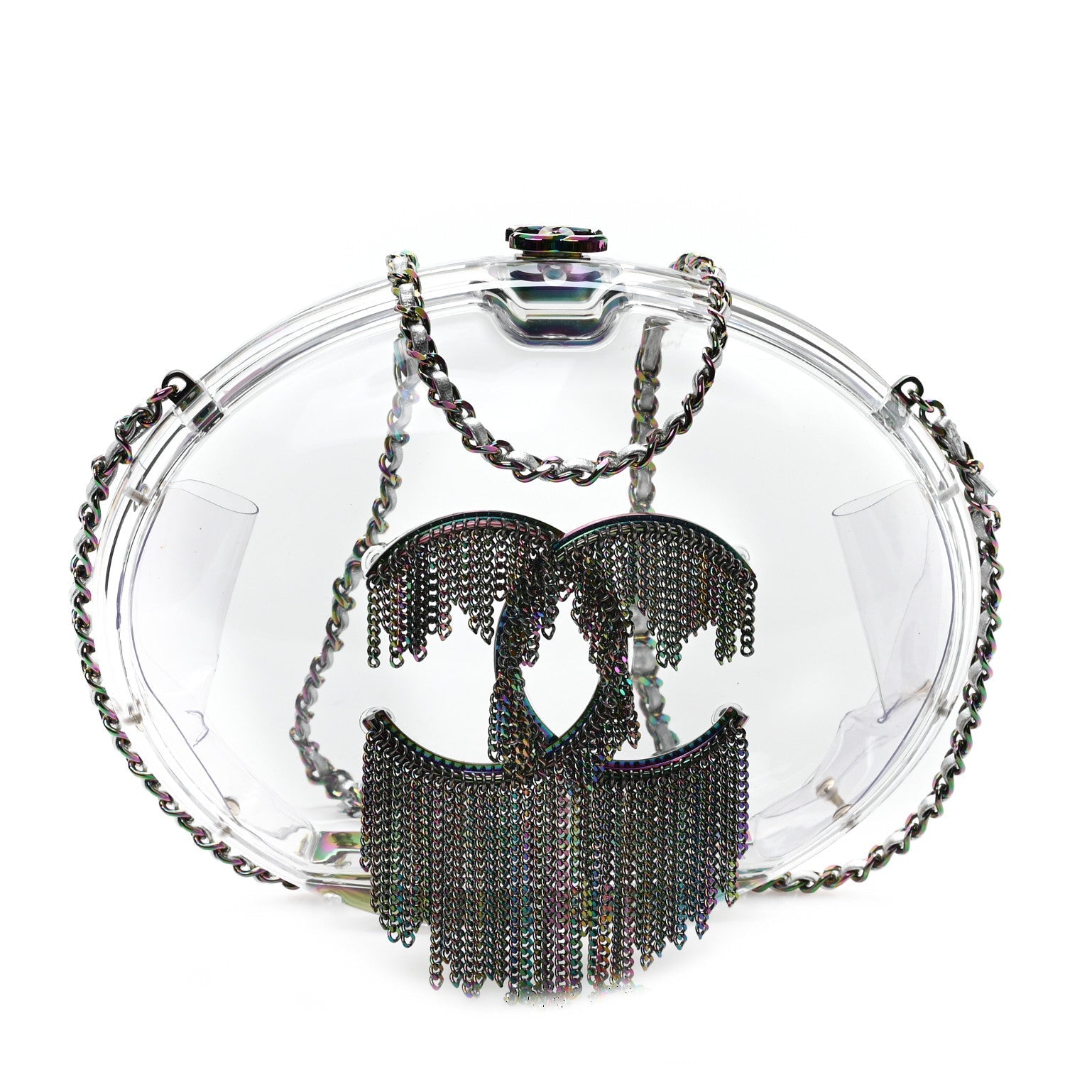 Plexiglass Iridescent Chain Fringe CC Clutch Clear