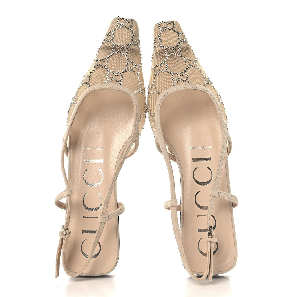 Suede Mesh Crystal GG Monogram Slingback Ballet Flats 37 Light Powder Skin Rose