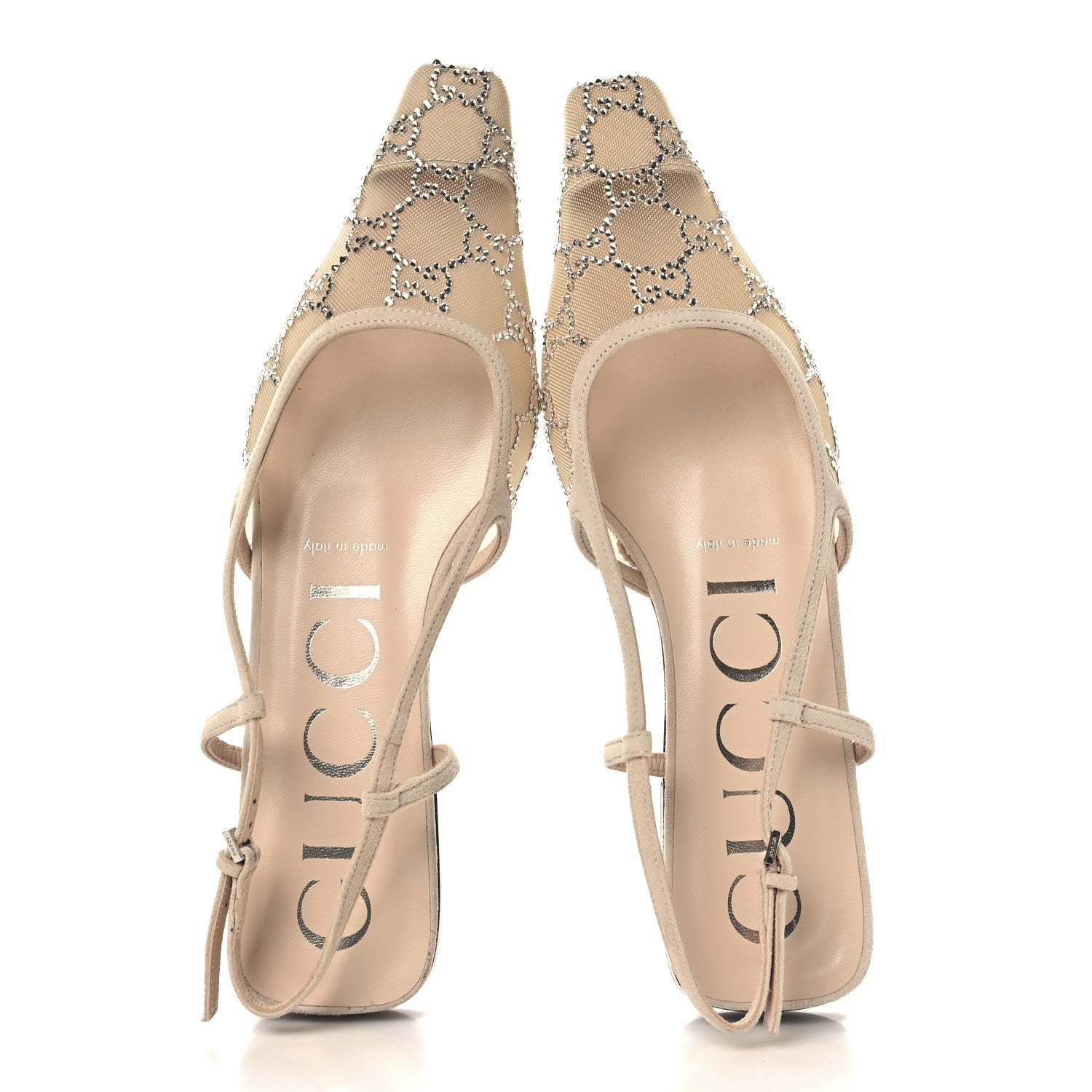Suede Mesh Crystal GG Monogram Slingback Ballet Flats 37 Light Powder Skin Rose