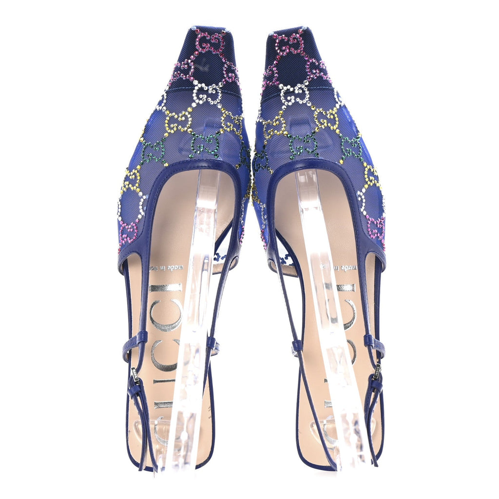 Tela Retino Nappa Charlotte Crystal GG Monogram Square G 35mm Slingback Pumps 38.5 Splash Net Blue Witch