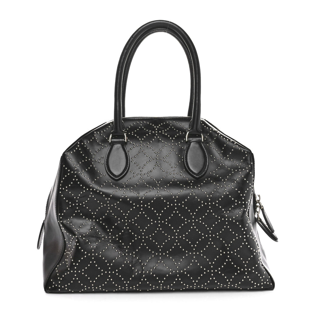 Calfskin Arabesque Studded Top Handle Bag Black