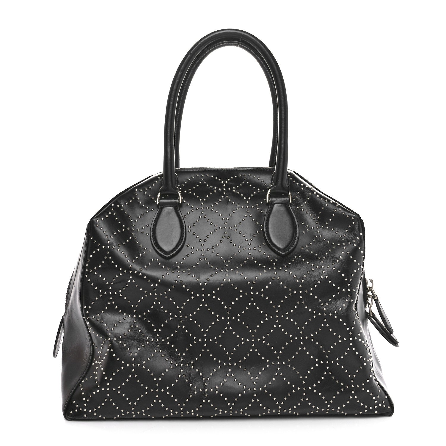 Calfskin Arabesque Studded Top Handle Bag Black