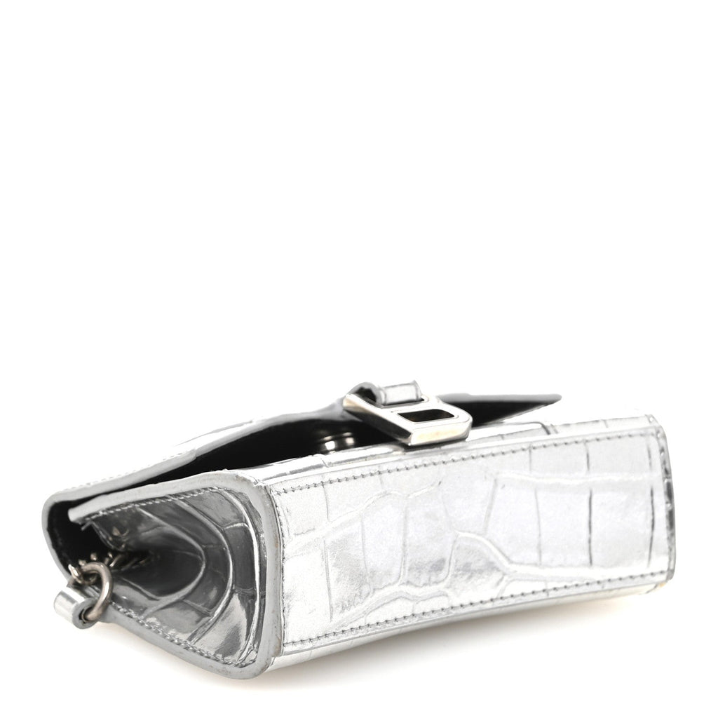 Metallic Calfskin Crocodile Embossed Hourglass Chain holder Silver