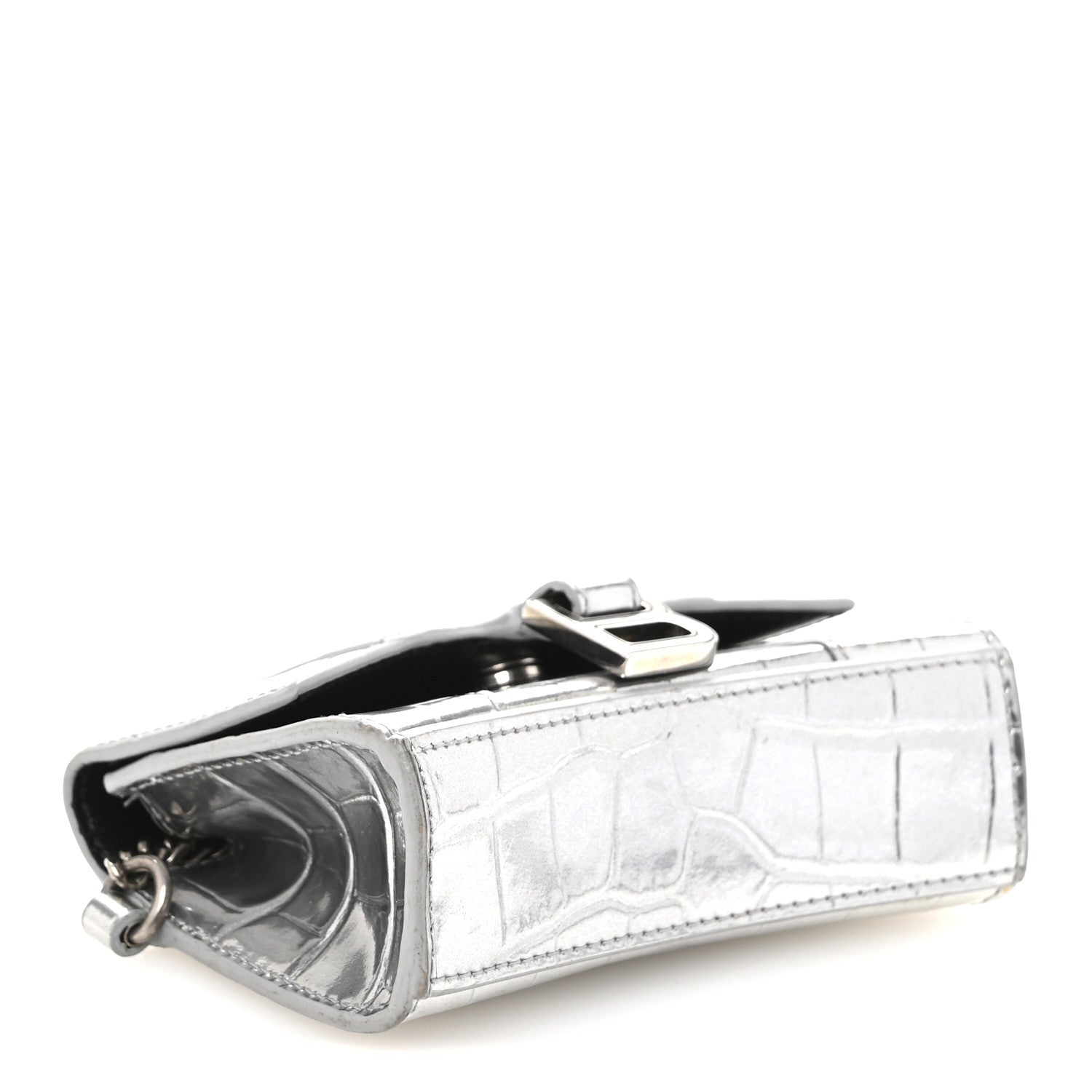 Metallic Calfskin Crocodile Embossed Hourglass Chain holder Silver