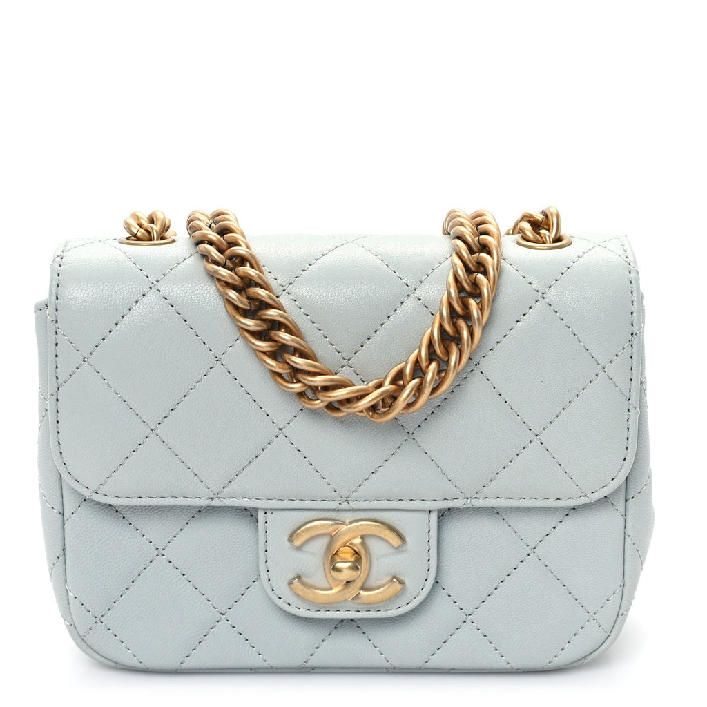 Grained Calfskin Quilted Flap Light Blue
