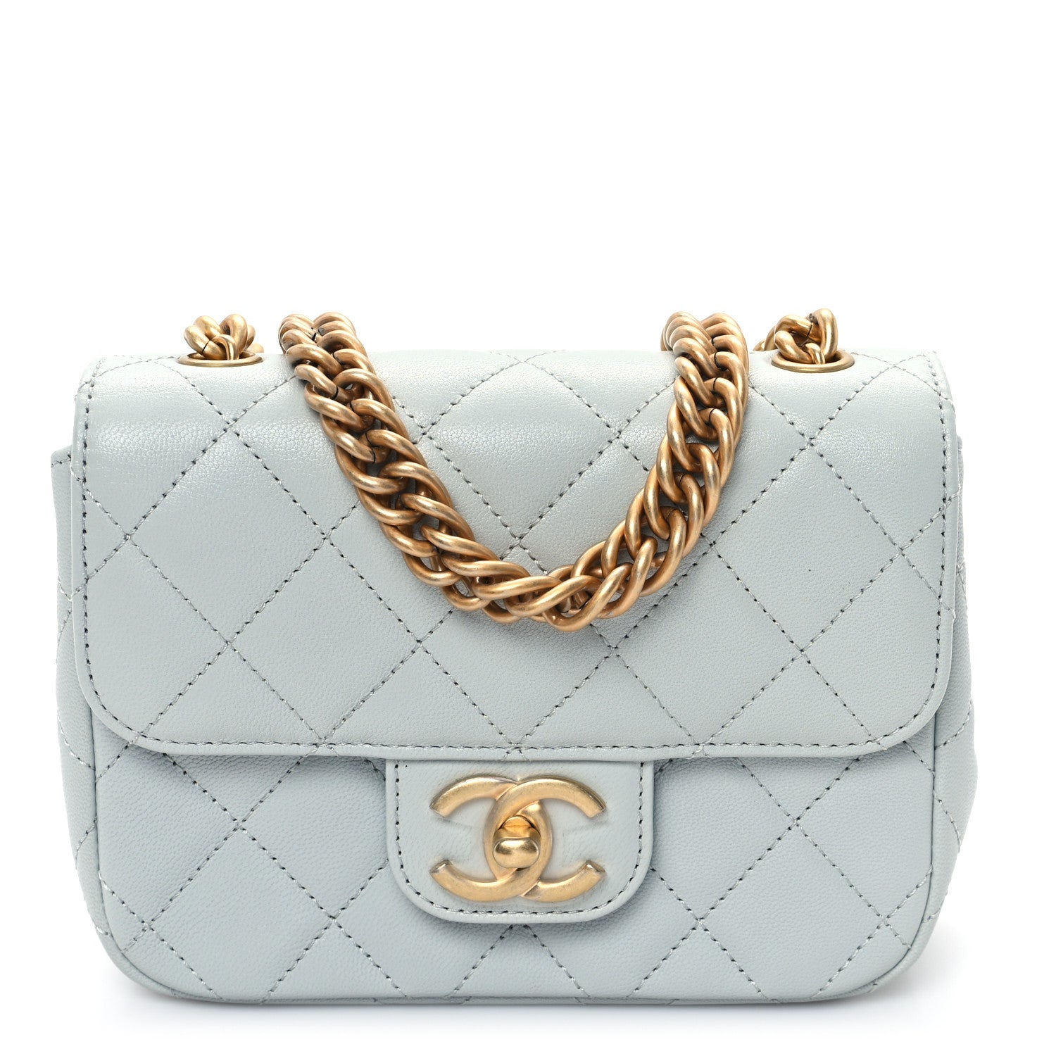 Grained Calfskin Quilted Flap Light Blue