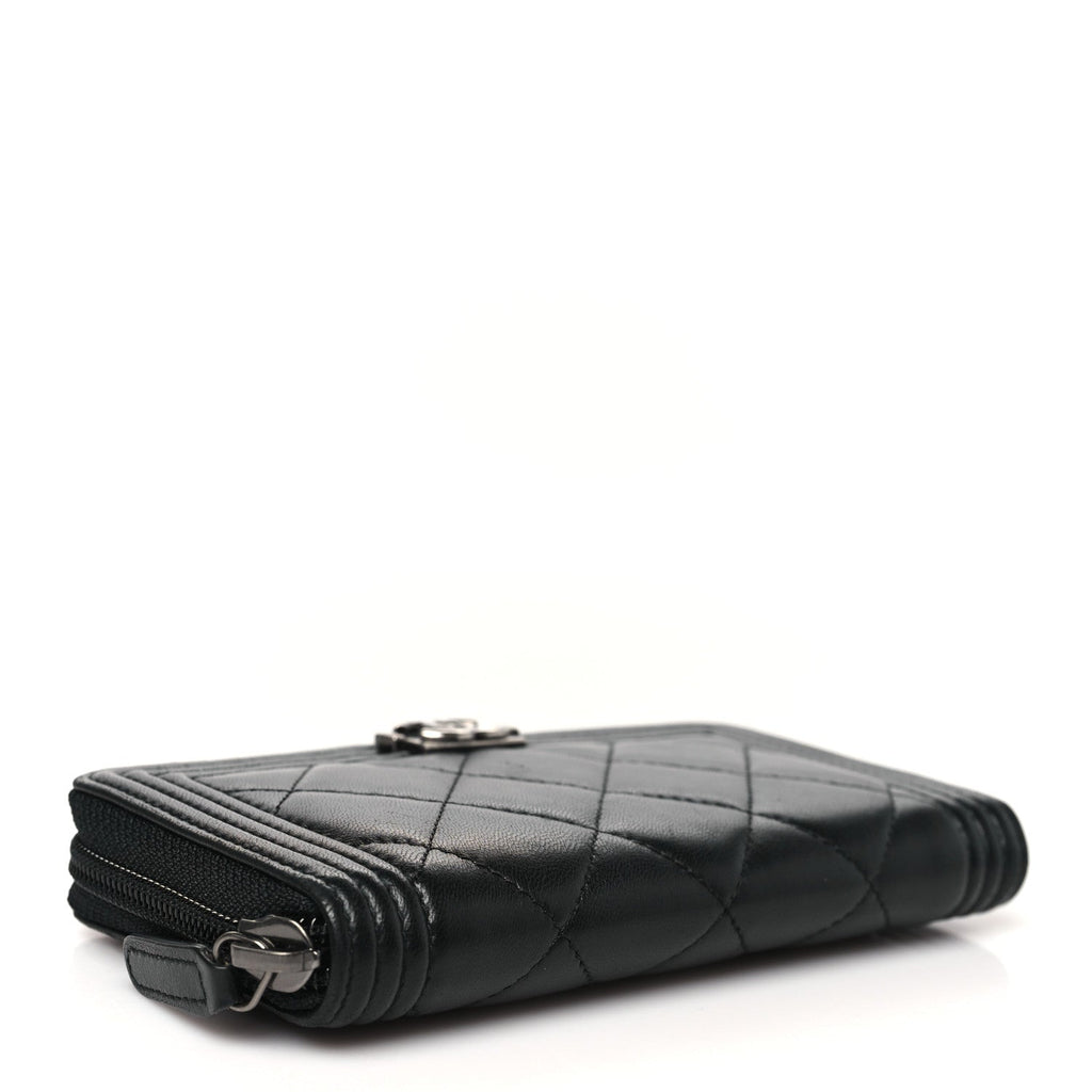 Lambskin Quilted Small Boy Zip Around Wallet Black