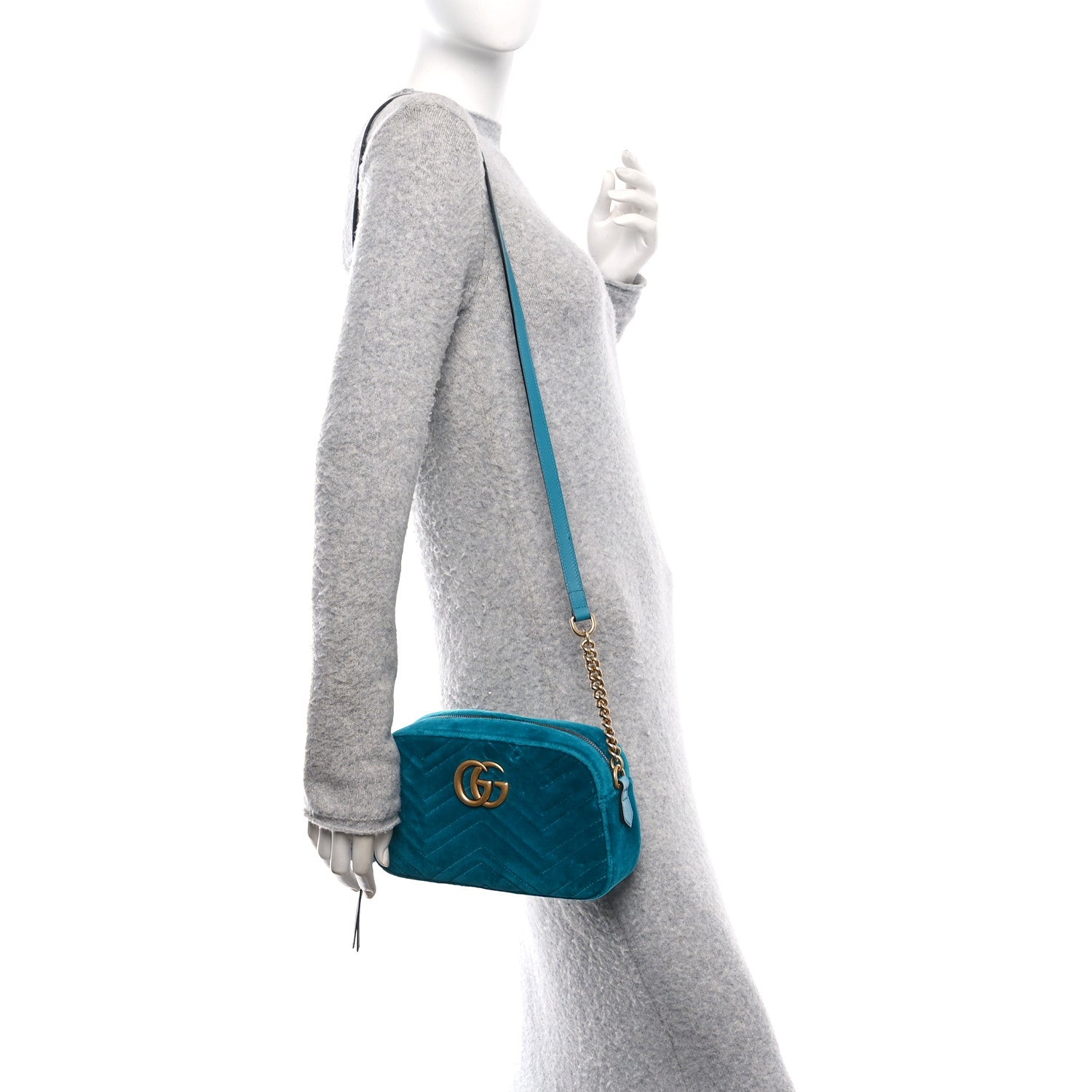 Velvet Matelasse Small GG Marmont Chain Shoulder Bag Pavone Cyan
