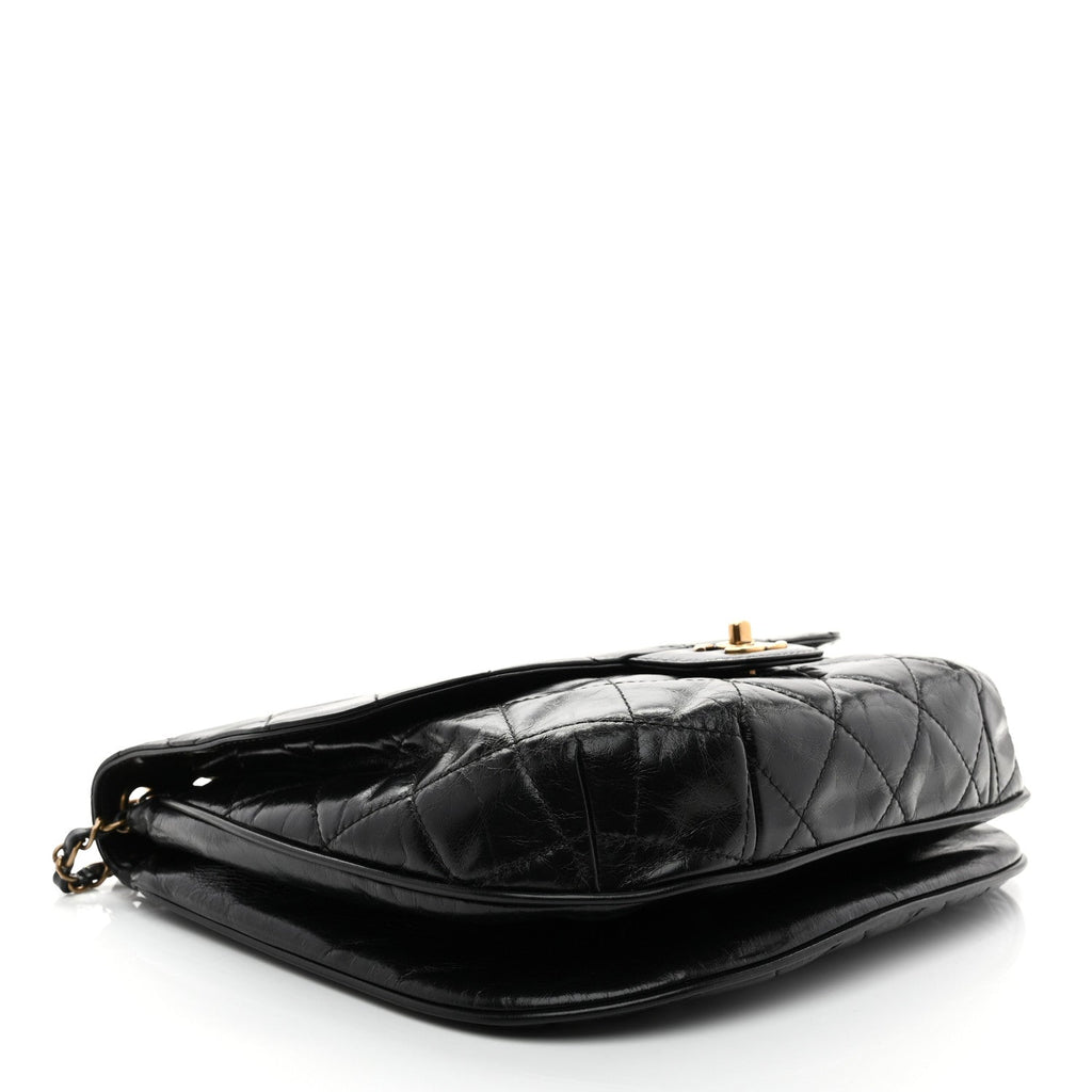 Glazed Calfskin Quilted Medium Bubble CC Flap Black