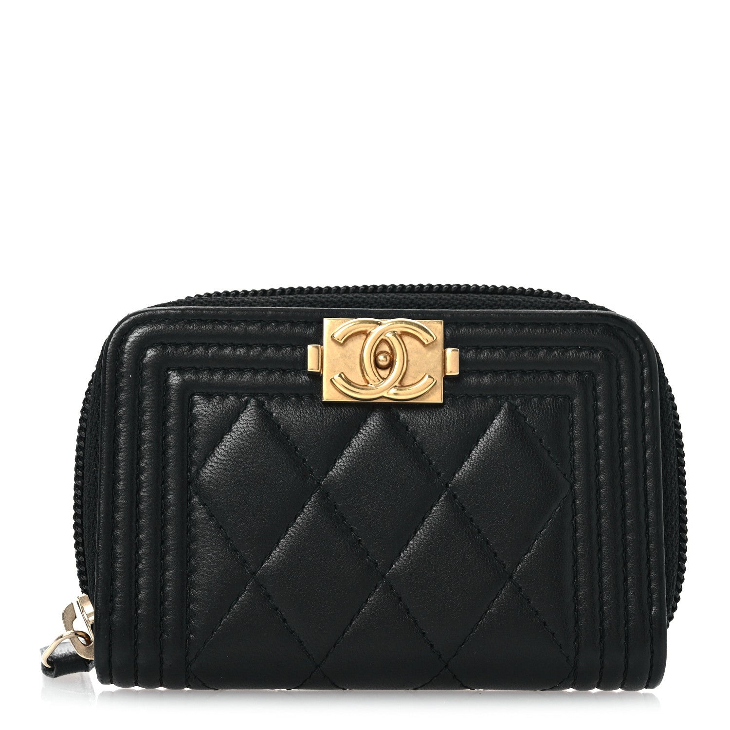 Lambskin Quilted Zip Around Boy Coin Purse Wallet Black