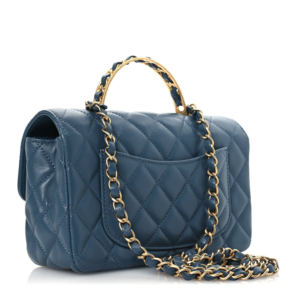 Lambskin Quilted Mini Metal Top Handle Rectangular Flap Blue