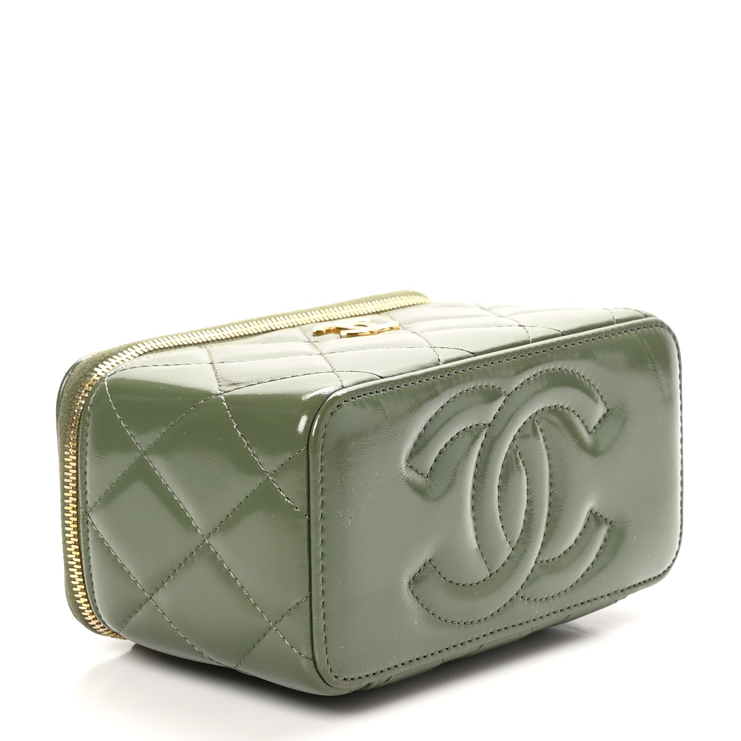 Shiny Crumpled Calfskin Quilted Pick Me Up Vanity Case Khaki