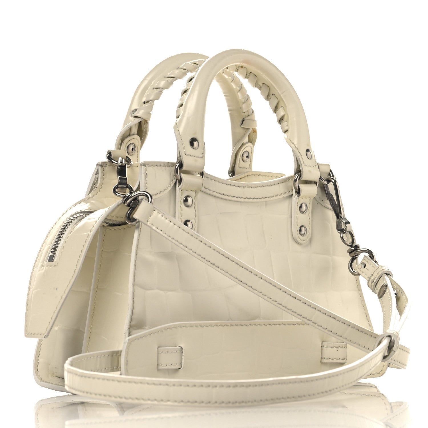 Semi Shiny Calfskin Crocodile Embossed Neo Classic Silver Hardware Mini City White