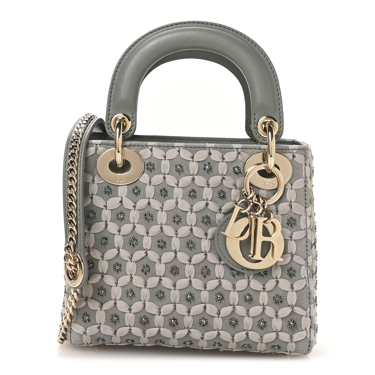 Suede Beaded Ribbon Mini Lady Dior Grey