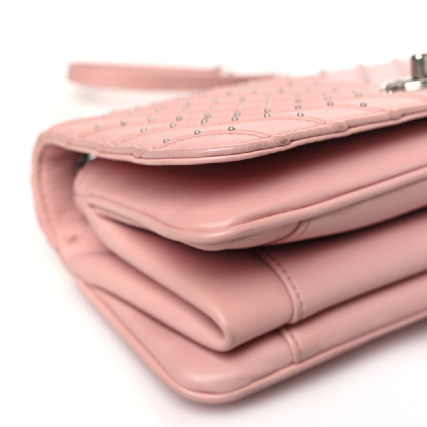 Calfskin Studded Chevron Quilted Flap Pink