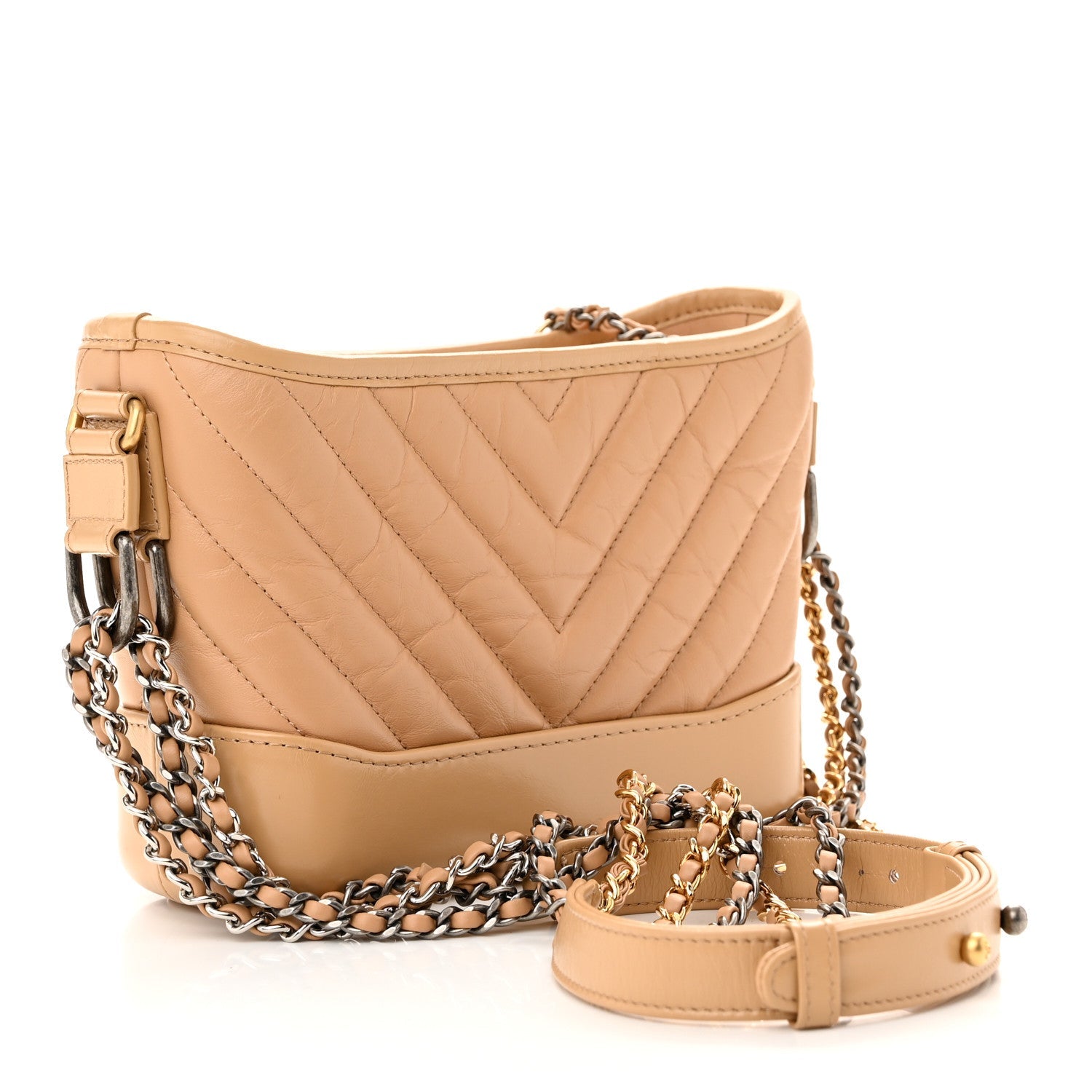 Aged Calfskin Chevron Quilted Small Gabrielle Hobo Beige