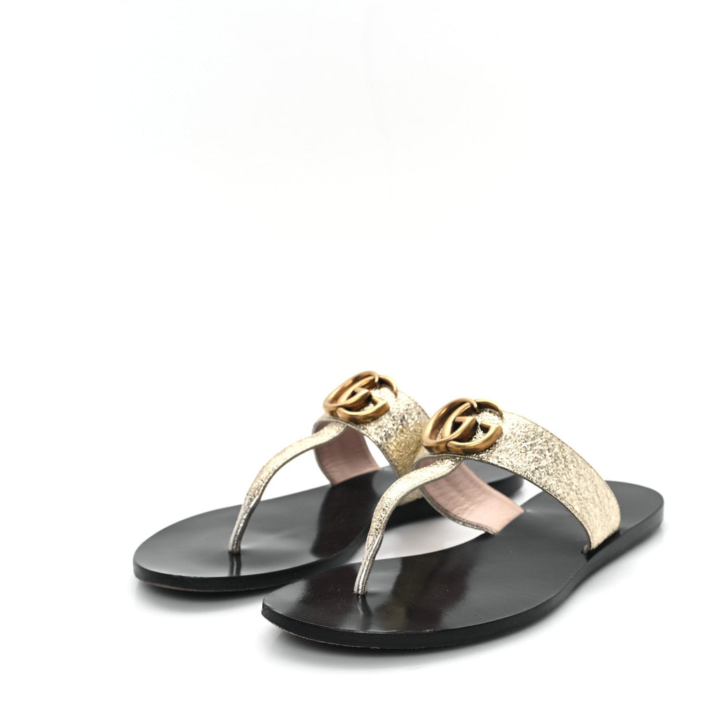 Nappa Silk Galassia GG Marmont Thong Flat Sandals 35 Platino