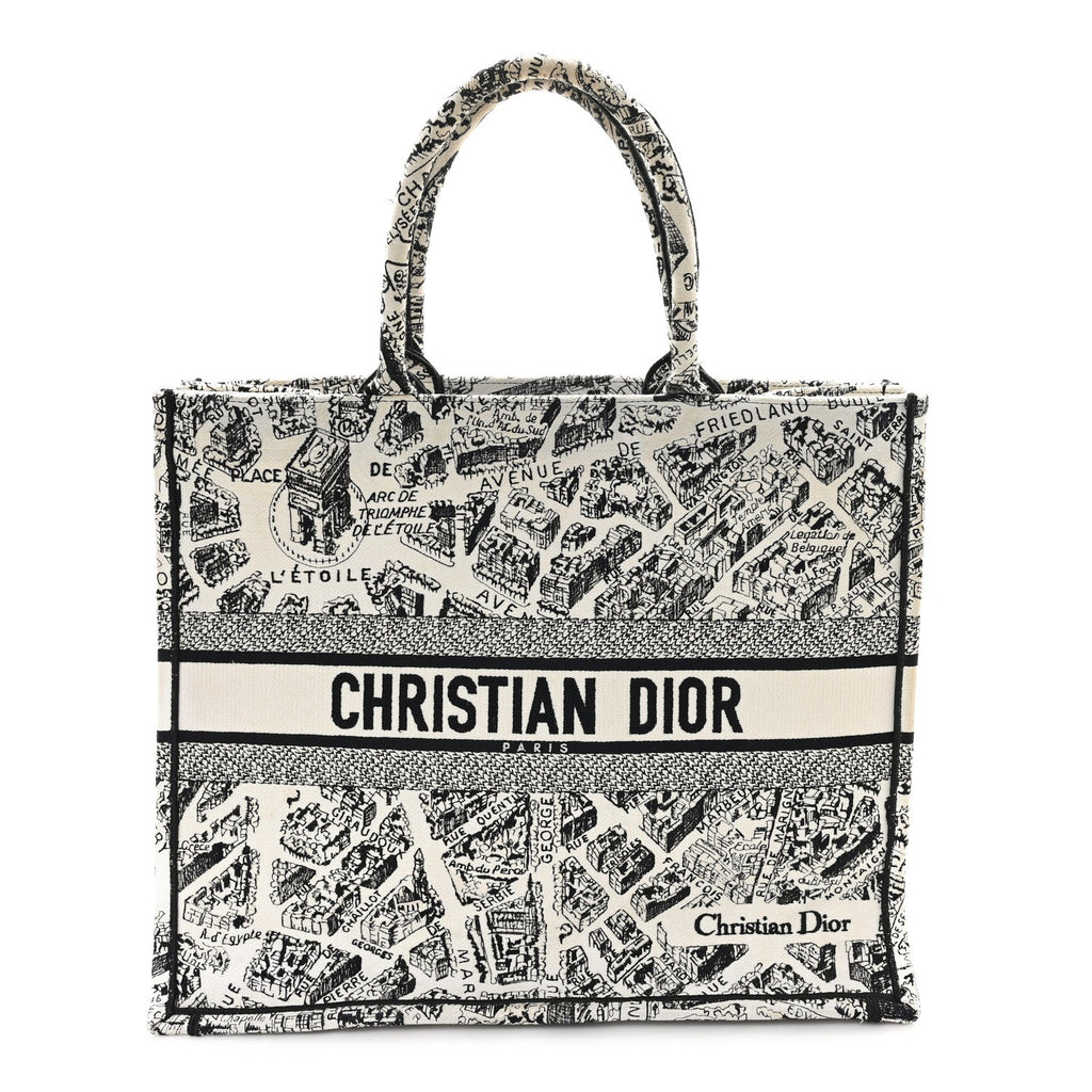 Canvas Embroidered Large Plan De Paris Book Tote White Black