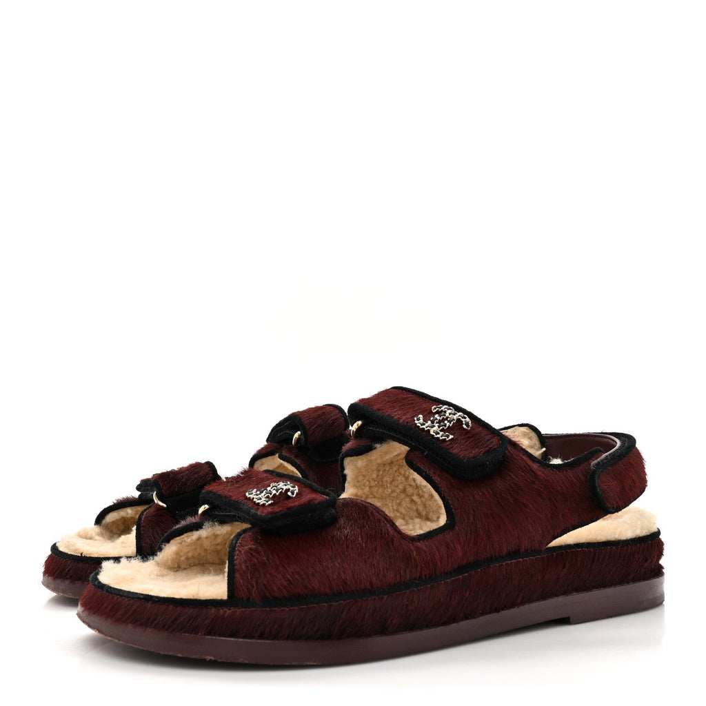 Calf Hair Suede Shearling Dad Sandals 38 Burgundy Black