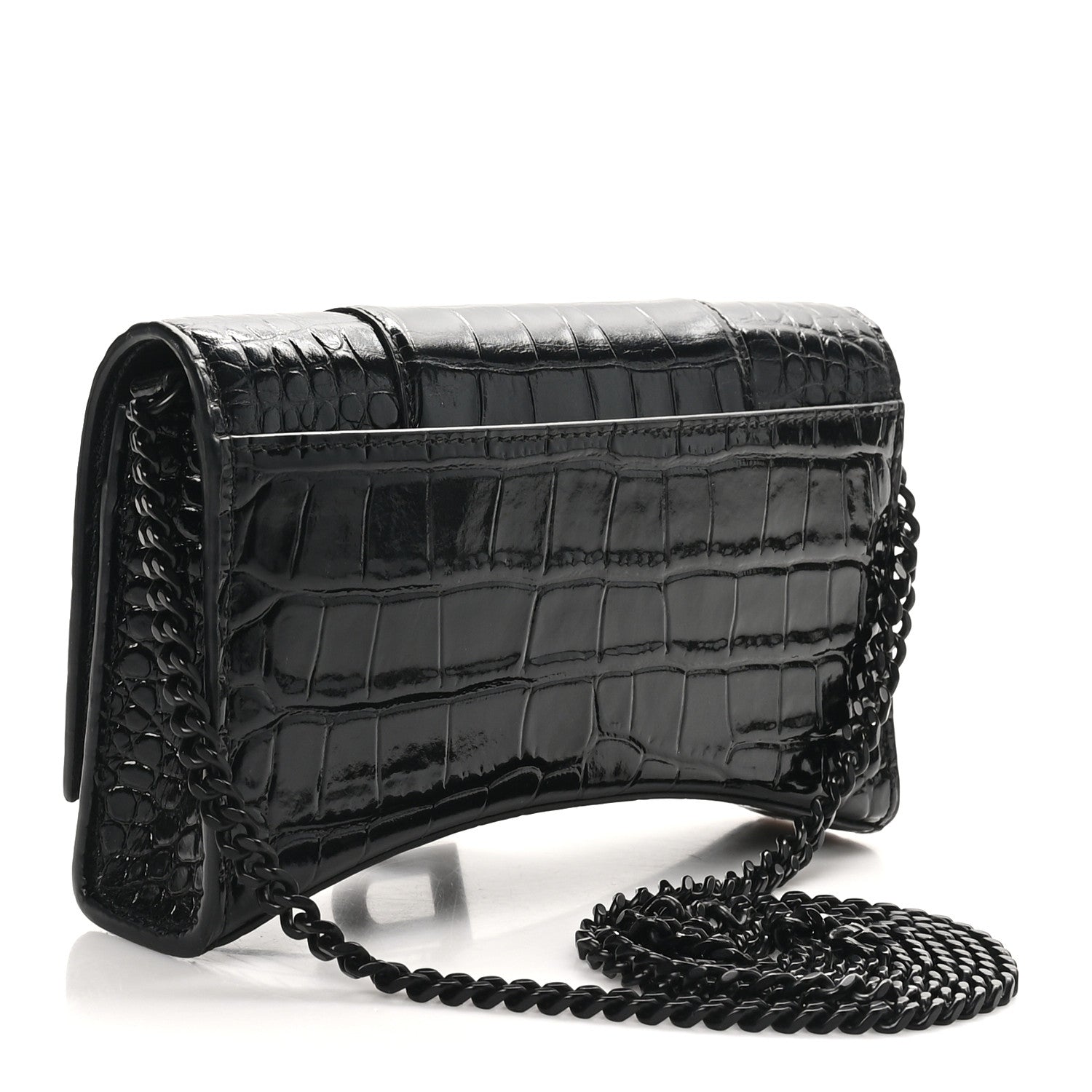 Shiny Calfskin Monochrome Crocodile Embossed Hourglass Chain Bag Black