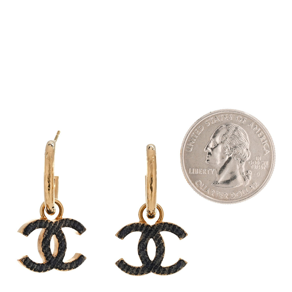 Metal Enamel CC Denim Drop Earrings Gold Blue