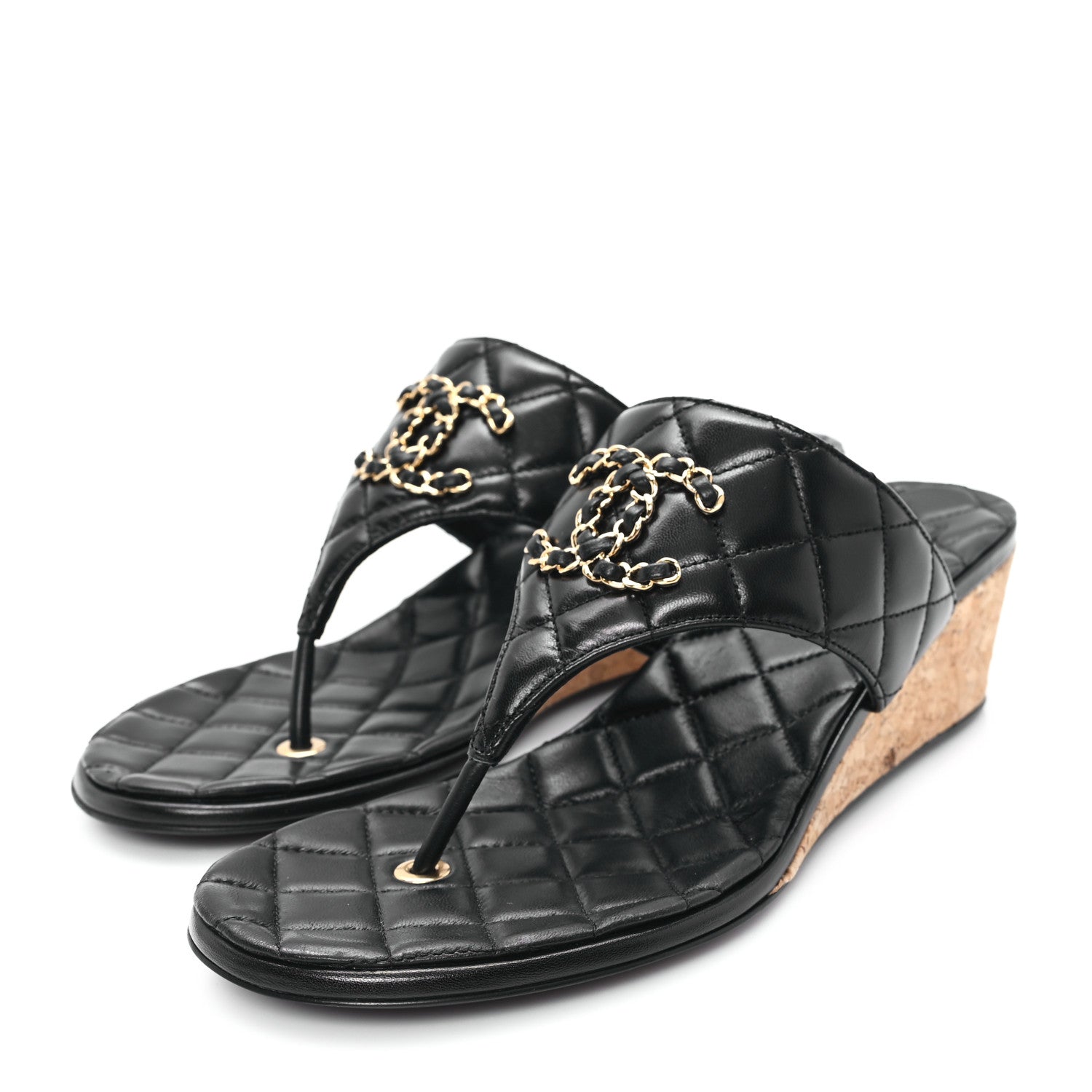 Shiny Goatskin Cork CC Wedge Sandals 39 Black