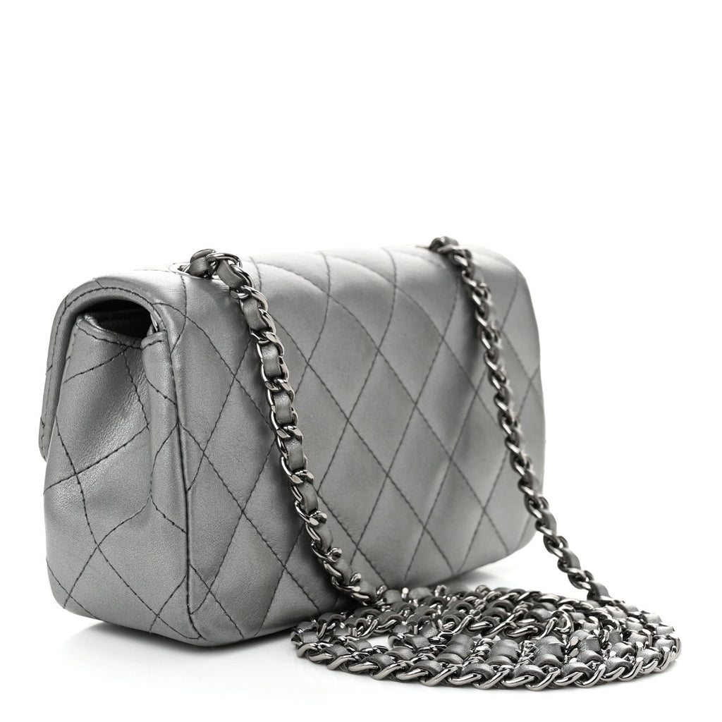 Metallic Lambskin Quilted Extra Mini Rectangular Flap Dark Silver
