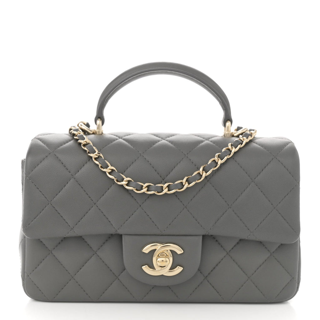 Lambskin Quilted Mini Top Handle Rectangular Flap Grey