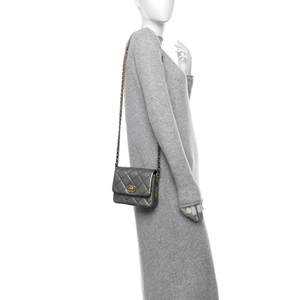 Metallic Lambskin Quilted Mini Side Note Flap Grey