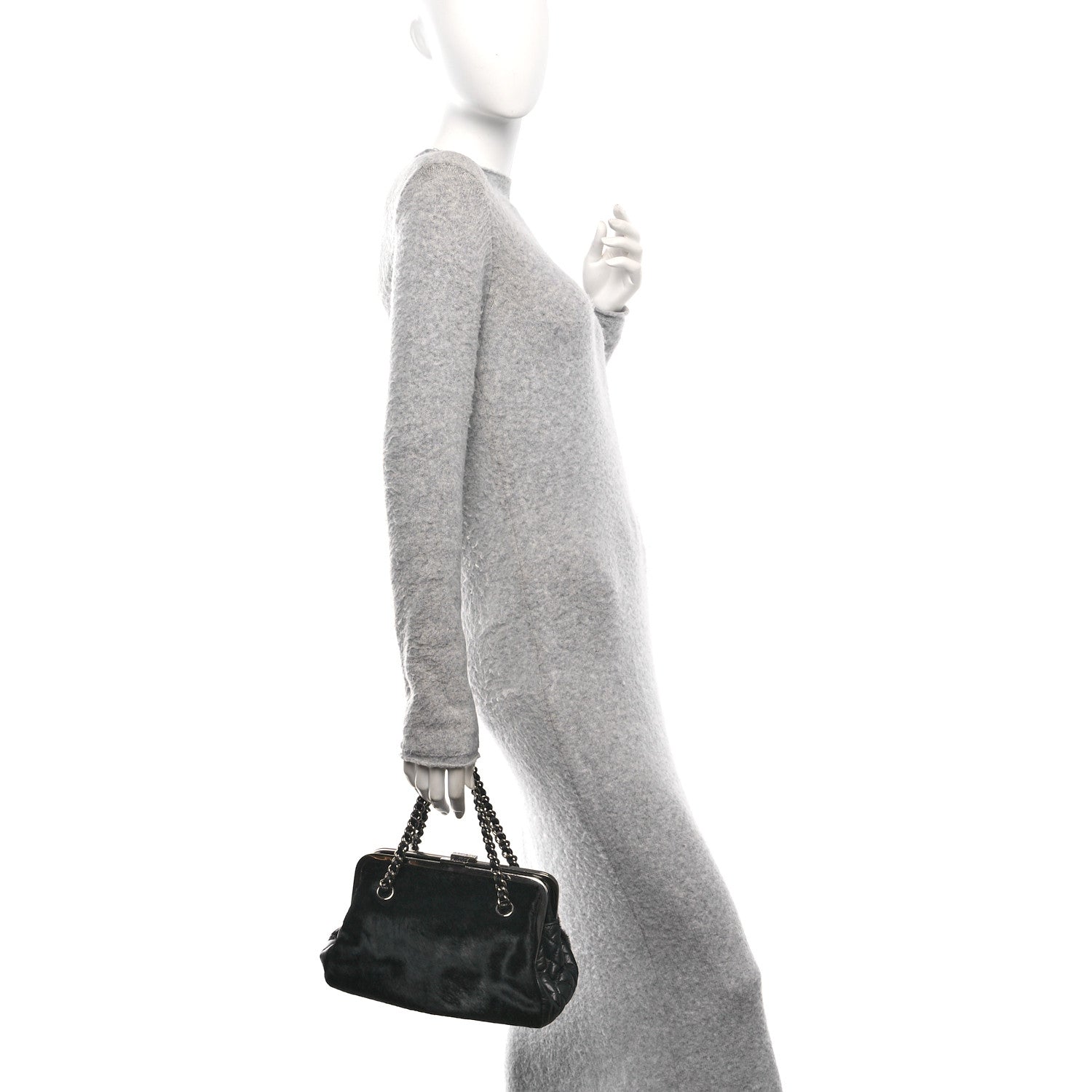 Pony Hair Lambskin Quilted Kiss Lock Frame Bag Black