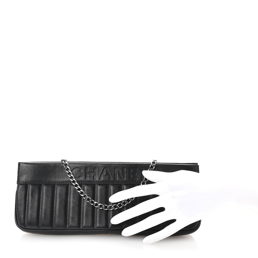 Calfskin Vertical Quilted Lax Clutch With Chain Black