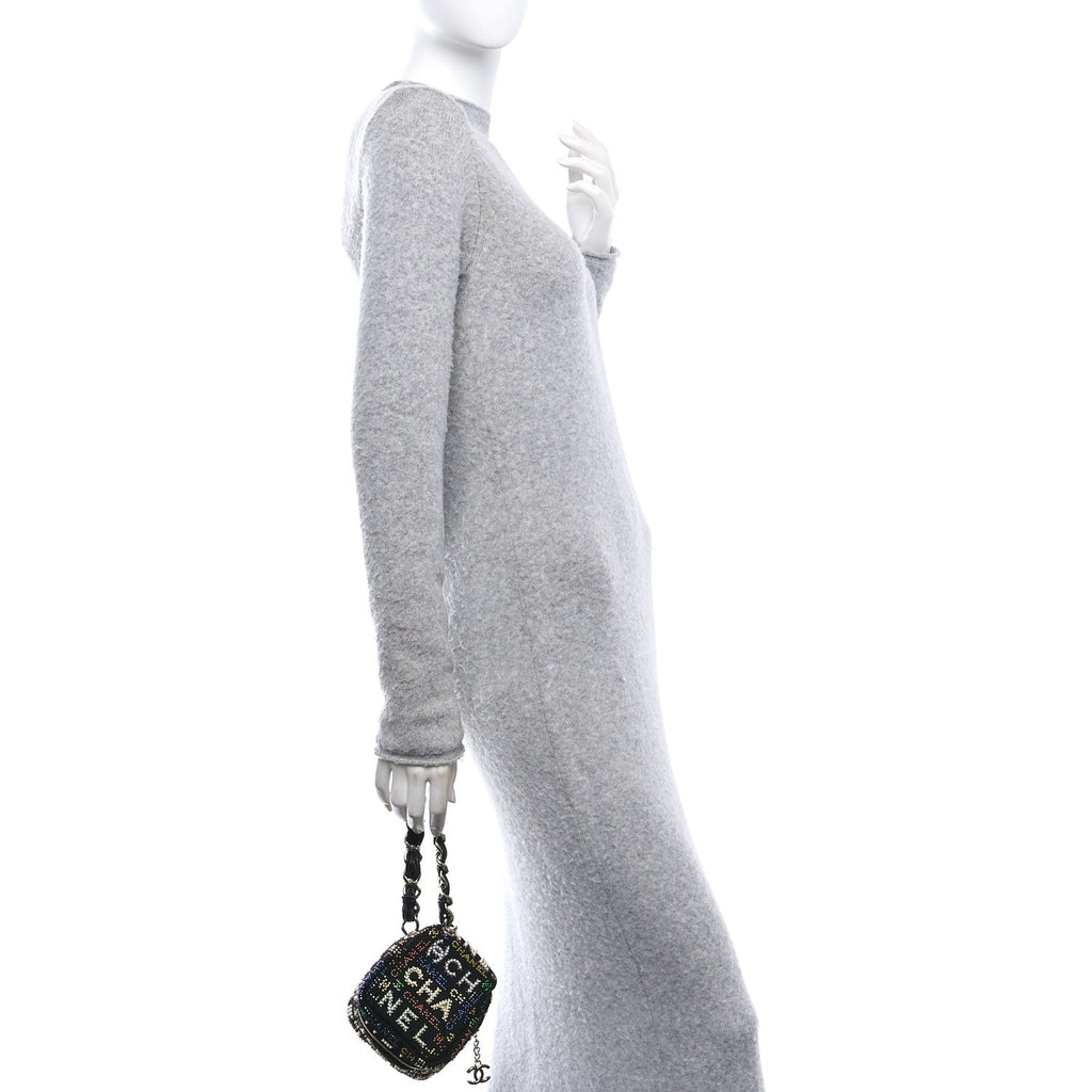 Tweed Pearl Studded Vanity Wrist Case With Chain Black Multicolor