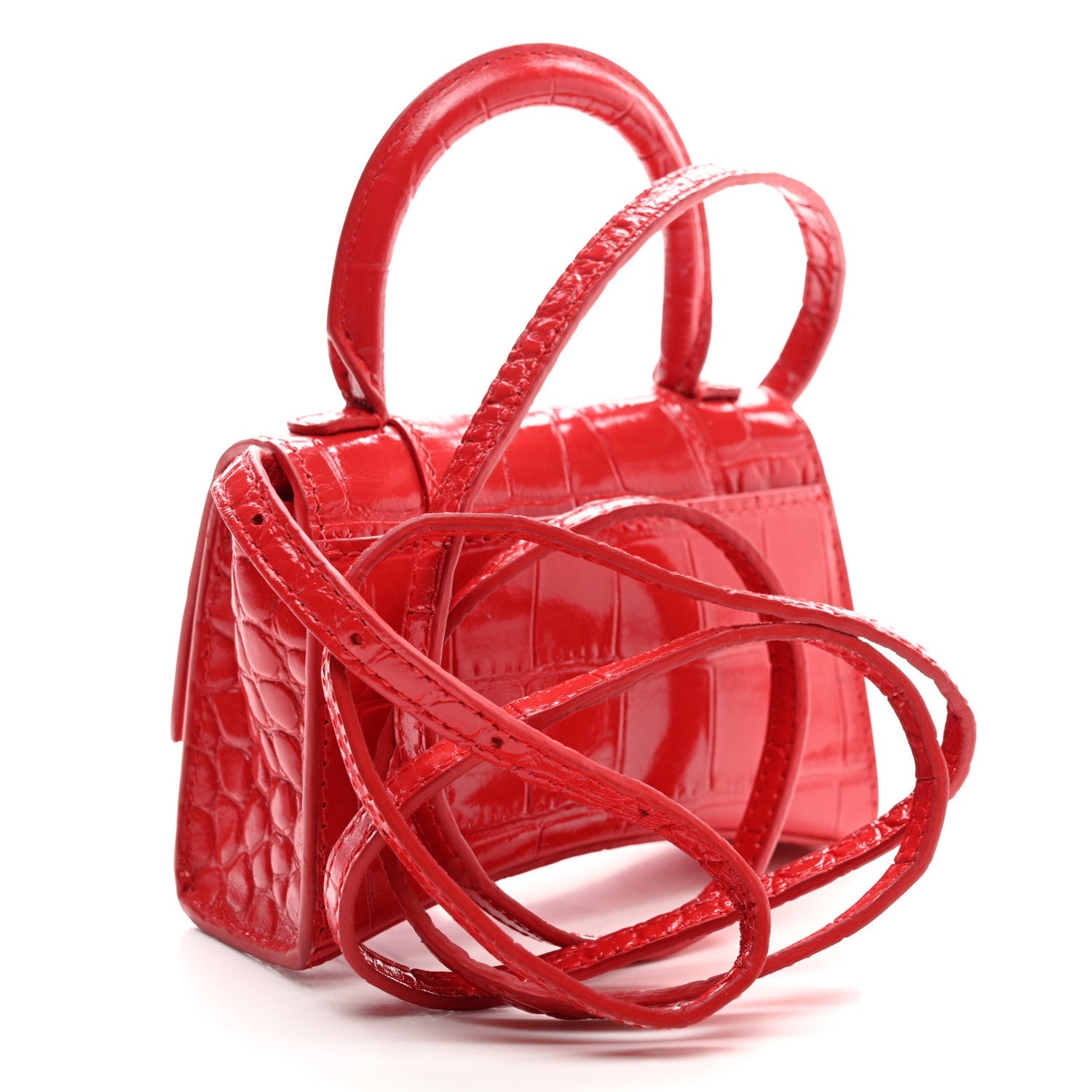 Shiny Calfskin Tonal B Crocodile Embossed Hourglass Top Handle Bag Mini Bright Red