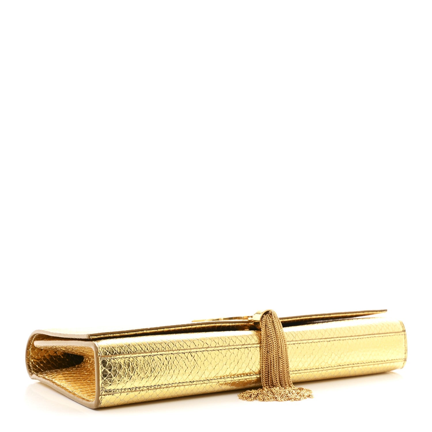 Metallic Calfskin Snakeskin Embossed Classic Monogram Tassel Clutch Gold