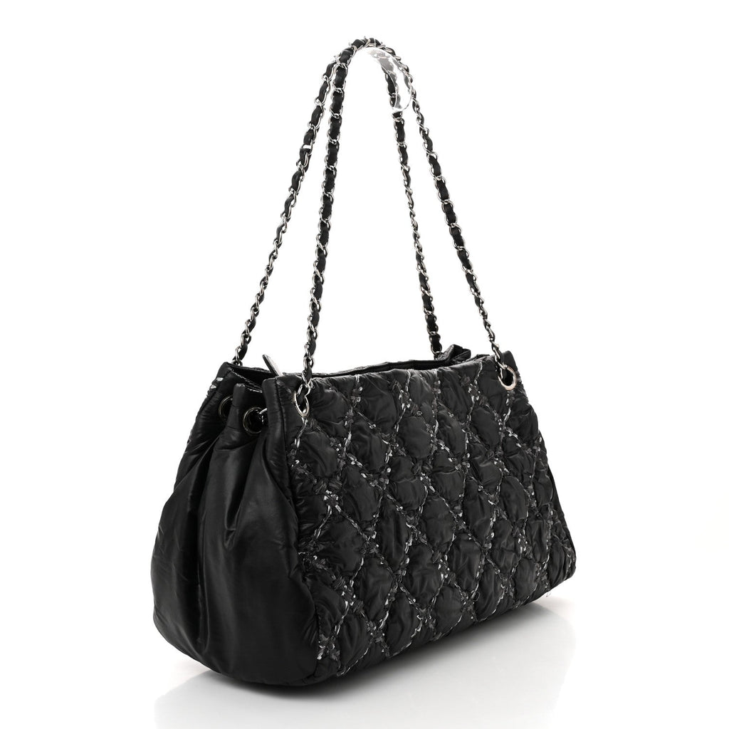 Nylon Quilted Tweed Stitch Bubble Tote Black