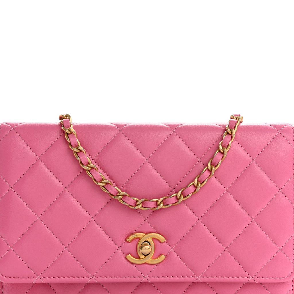 Lambskin Quilted CC Pearl Crush Wallet on Chain WOC Pink