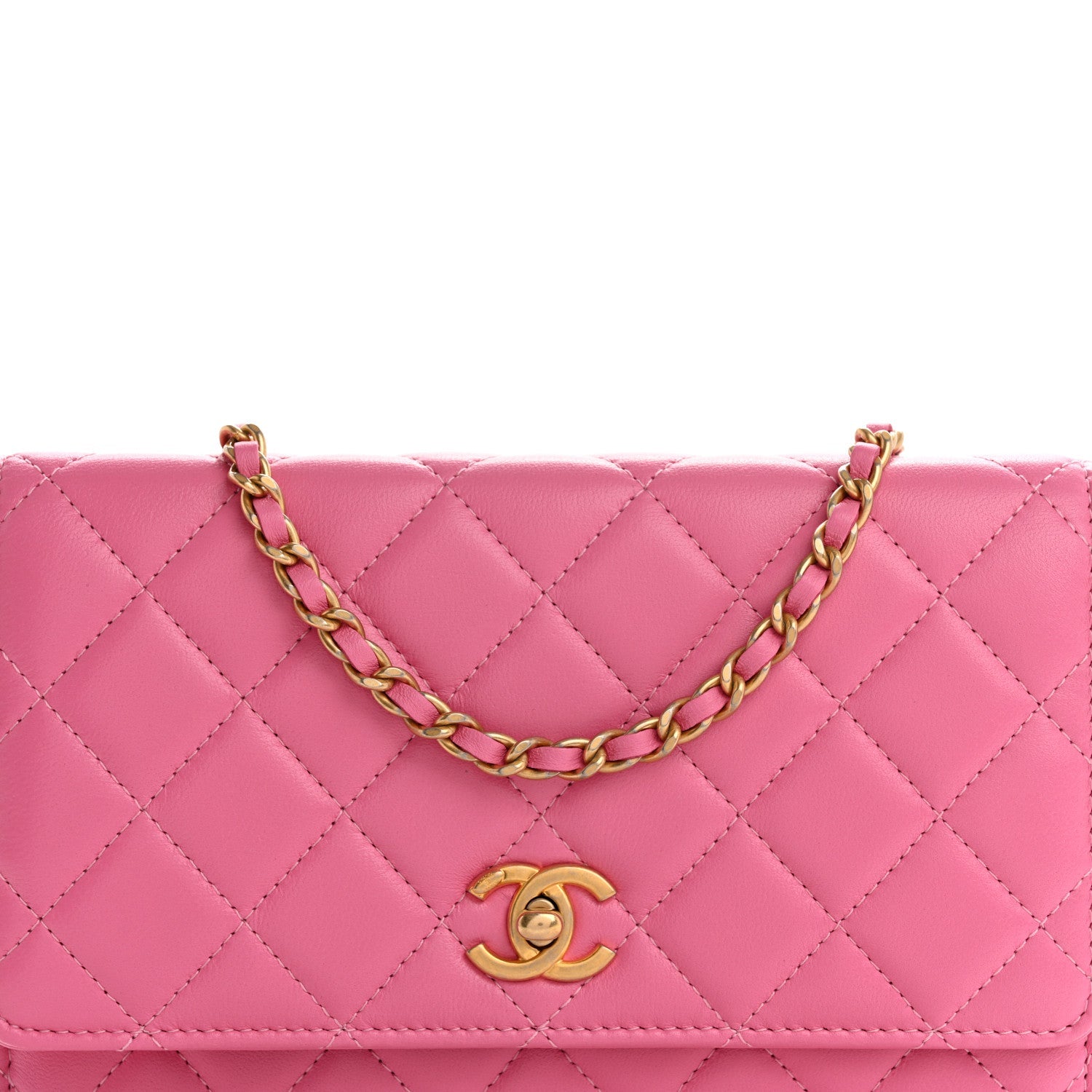Lambskin Quilted CC Pearl Crush Wallet on Chain WOC Pink