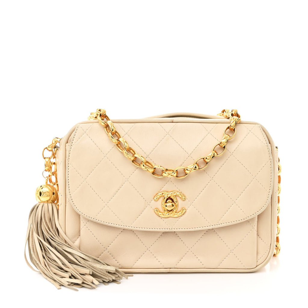 Lambskin Quilted Tassel Flap Camera Case White
