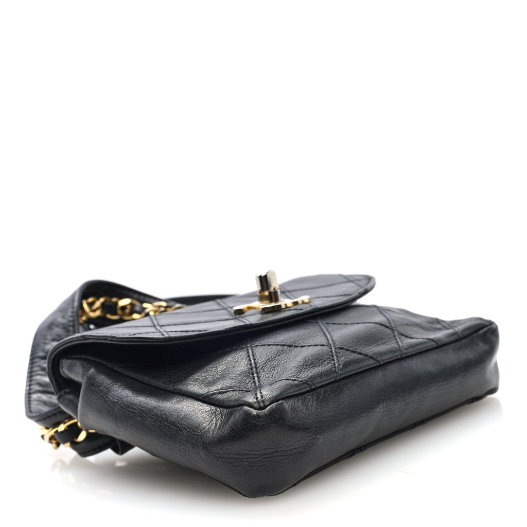 Calfskin Quilted Flap Waist Belt Bag Black