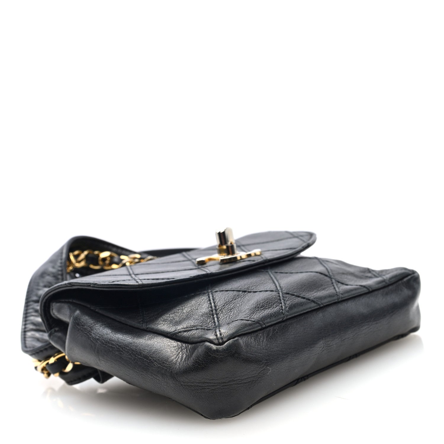 Calfskin Quilted Flap Waist Belt Bag Black
