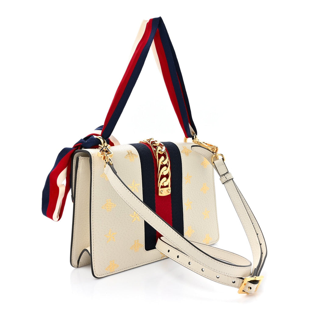 Textured Calfskin Bee Star Print Small Sylvie Shoulder Bag Mystic White