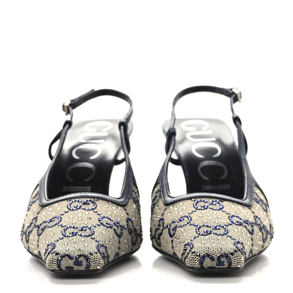 GG Monogram Malaga Kid Crystal Square G 75mm Slingback Pumps 36.5 Beige Blue