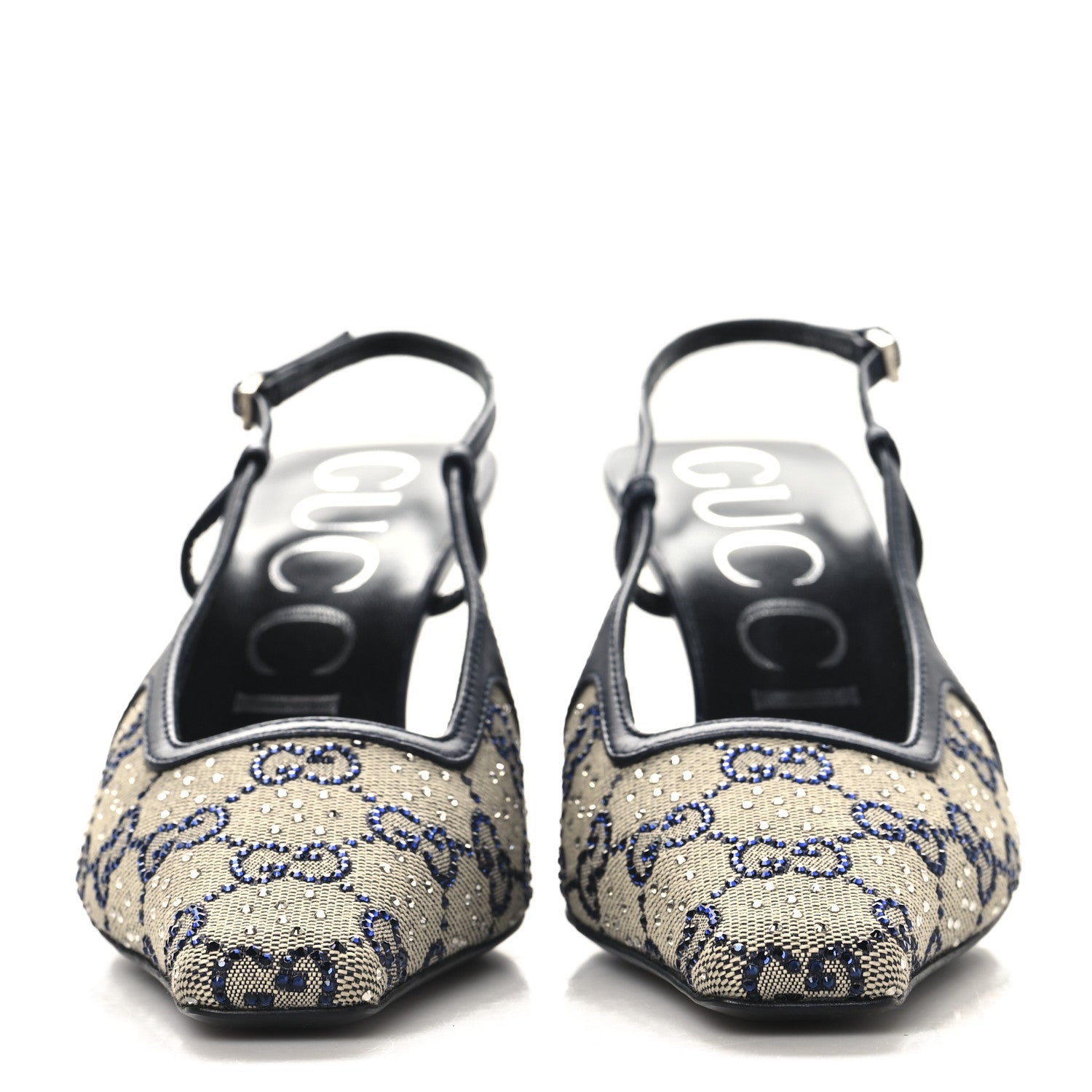 GG Monogram Malaga Kid Crystal Square G 75mm Slingback Pumps 36.5 Beige Blue